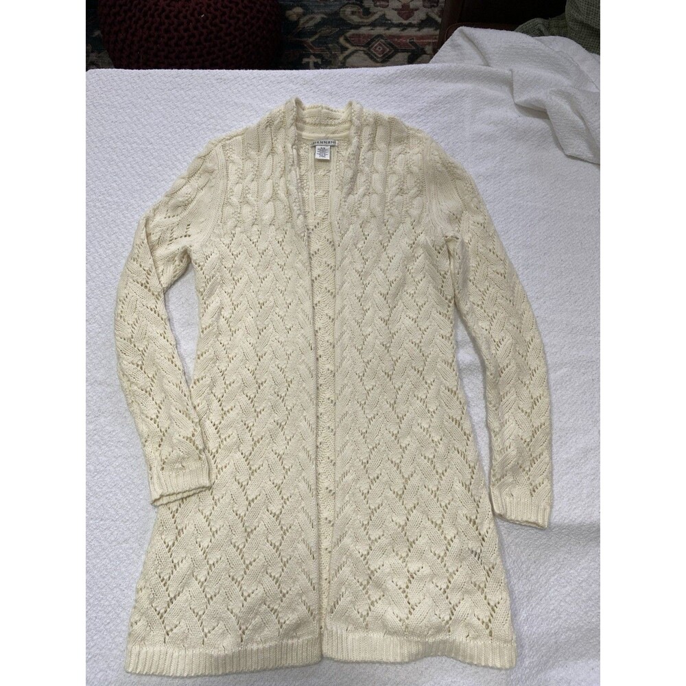 HANNAH Cream Pointelle Cable Knit Cardigan Sweater Womens S Small Long Cotton